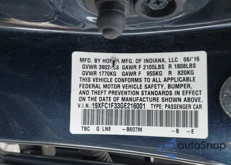 2016 Honda Civic Ex-T z USA, uszkodzony, nr VIN 19XFC1F33GE216001